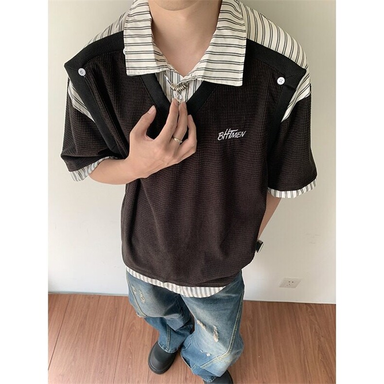 假两件POLO衫男女韩版潮流拼接帅气2025夏季insT恤WB464-P46,男装Polo衫,星座412-3