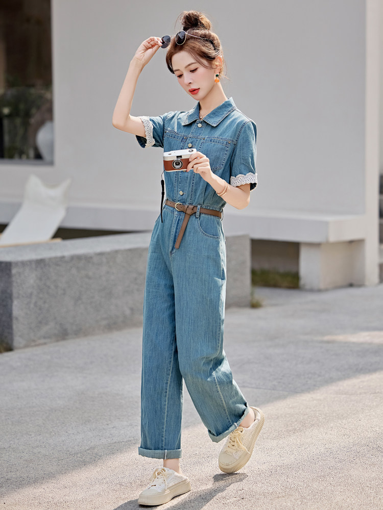 欧货薄款牛仔连体裤女2025夏新款时尚炸街显瘦蕾丝拼接直筒连衣裤,女装连体裤,意芙