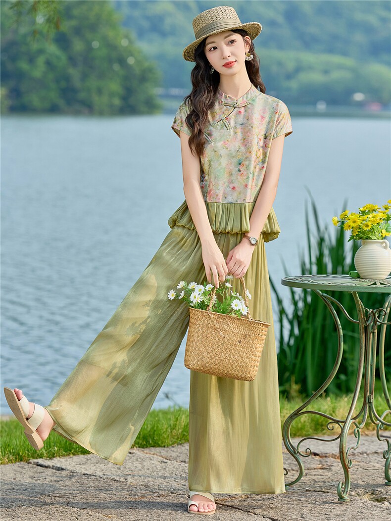 2026年夏季新款新中式印花套装女时尚小个子显瘦流光裤两件套,女装套装/套裙,众宇琦