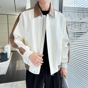 2025春装免洗pu皮皮衣翻领拼色休闲机车夹克外套男 PY109-P110图片