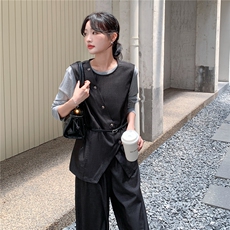 韩系淡人穿搭气质一整套女2025秋季不规则马甲打底衫阔腿裤三件套，女装套装/套裙，2C057