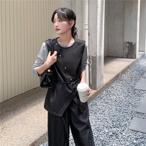 韩系淡人穿搭气质一整套女2025秋季不规则马甲打底衫阔腿裤三件套图片
