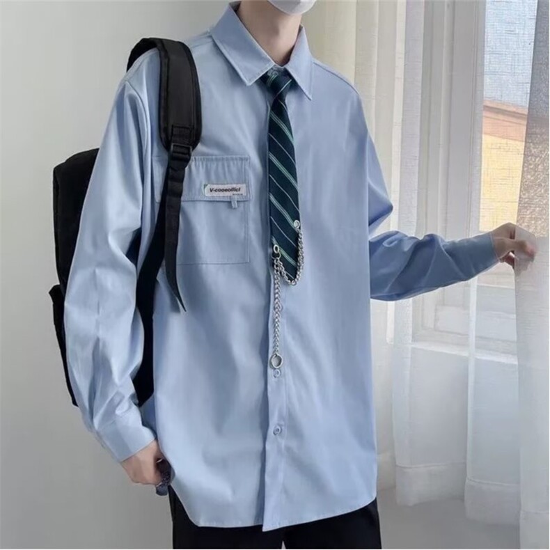 809-P38日系领带长袖衬衫男装宽松休闲春秋设计感小众百搭外穿,男装衬衫,电商B323A