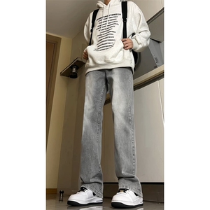 B221美式高街水泥灰弹力直筒牛仔裤LK24146-P60控79 加绒P70控99图片