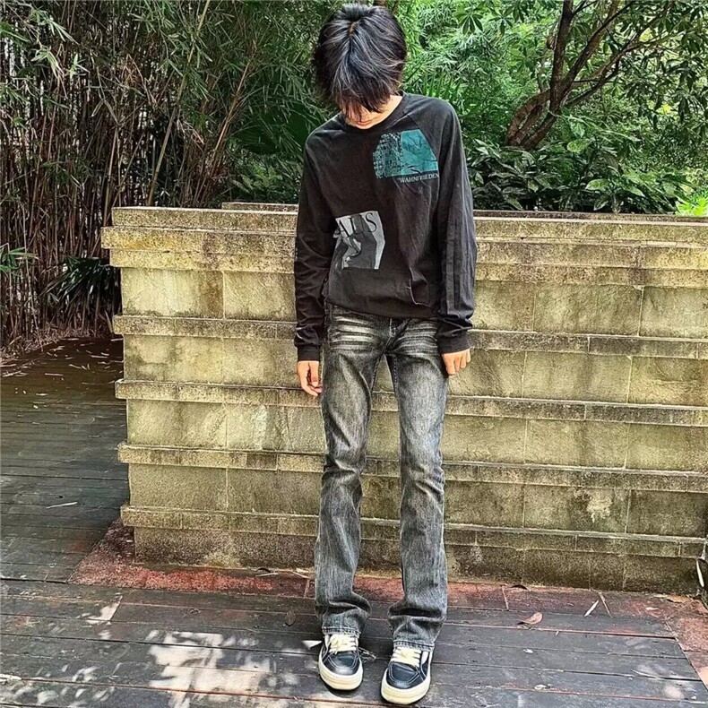 美式潮牌高街水洗黑灰色牛仔裤修身直筒复古微喇cleanfit,男装牛仔裤,星座218-1（原230）