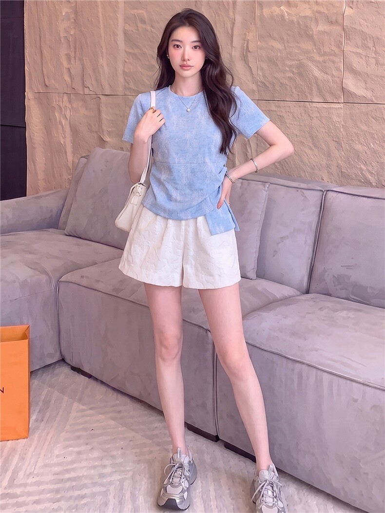 女夏新款时尚减龄套装圆领侧绑带晕染设计短袖上衣蕾丝短裤两件套,女装套装/套裙,江南