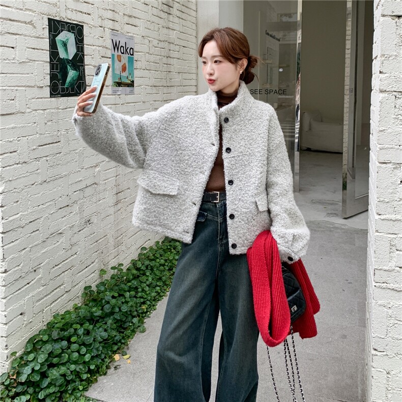 韩版宽松显瘦百搭加厚保暖毛毛外套女短款立领羊羔毛外套图片