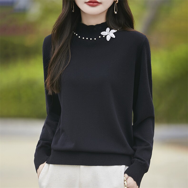 重工钉珠精纺羊毛衫女半高领花朵珍珠针织毛衣宽松时尚套头打底衫,女装羊毛衫,暖烁羊绒