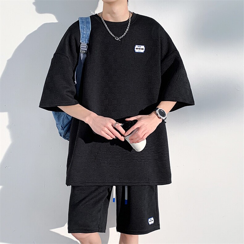 特批P50无差价夏肌理感华夫格两件套男沙滩宽松短袖短裤套装TZ019，男装休闲套装，电商A001-1