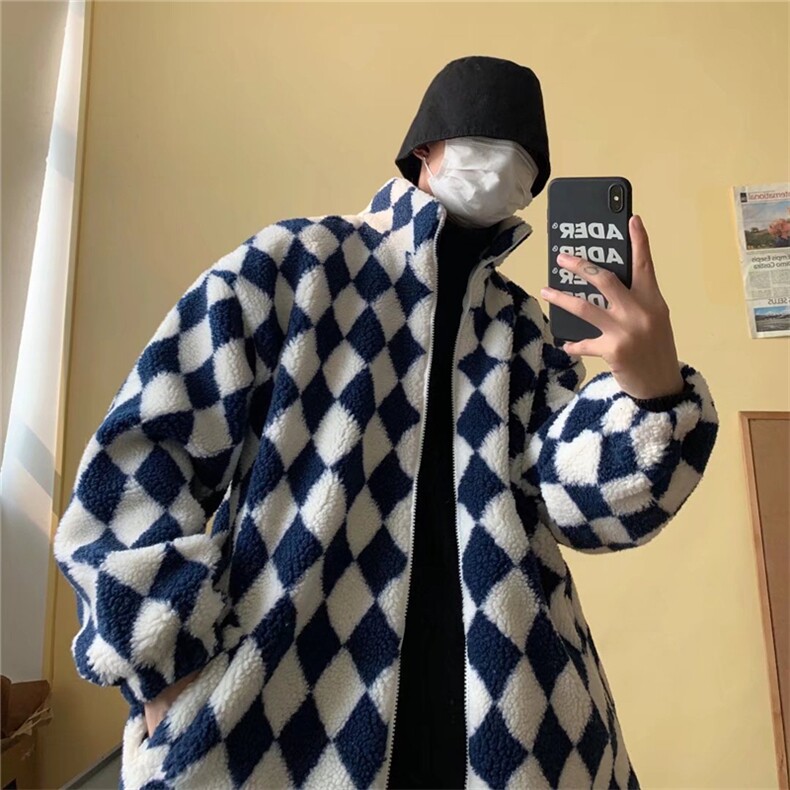 秋冬季棋盘格羊羔绒棉服男港风百搭宽松棉衣学生棉袄 W2141-P70图片