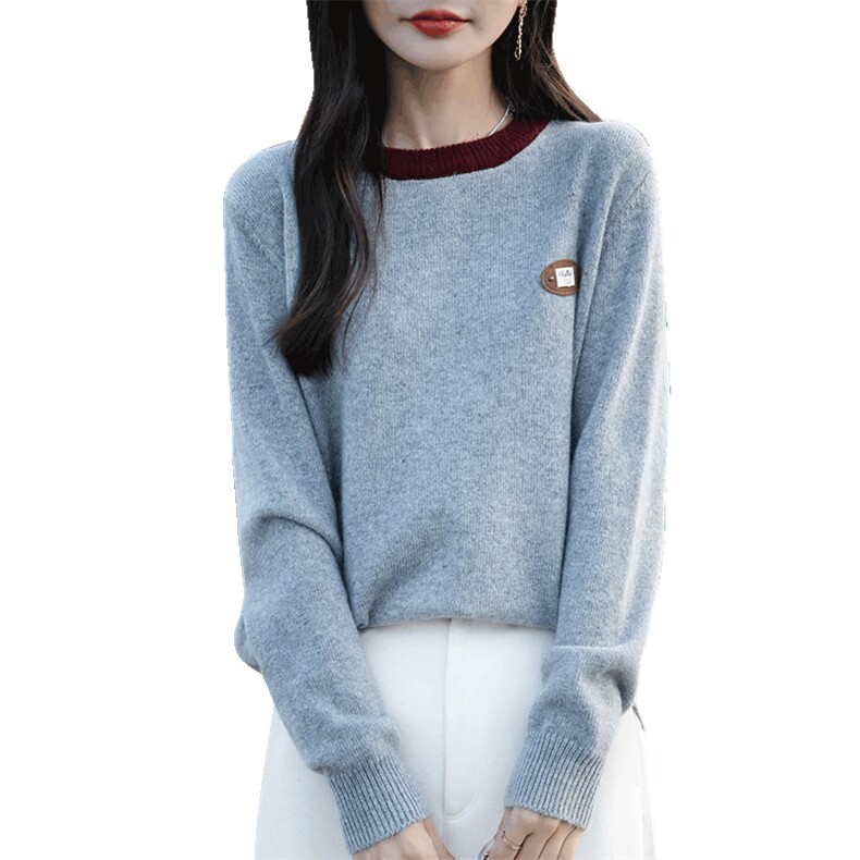 断码清仓新女圆领拼色刺绣加厚针织羊毛衫宽松打底衫,针织衫/毛衣,佳绒包芯纱店
