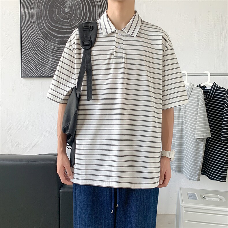 夏季条纹百搭ins衣服潮polo衫短袖t恤男宽松半袖五分袖 T694-P30图片