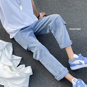 破洞牛仔裤男港风宽松直筒九分裤夏季帅气百搭老爹裤潮N0657-P35图片