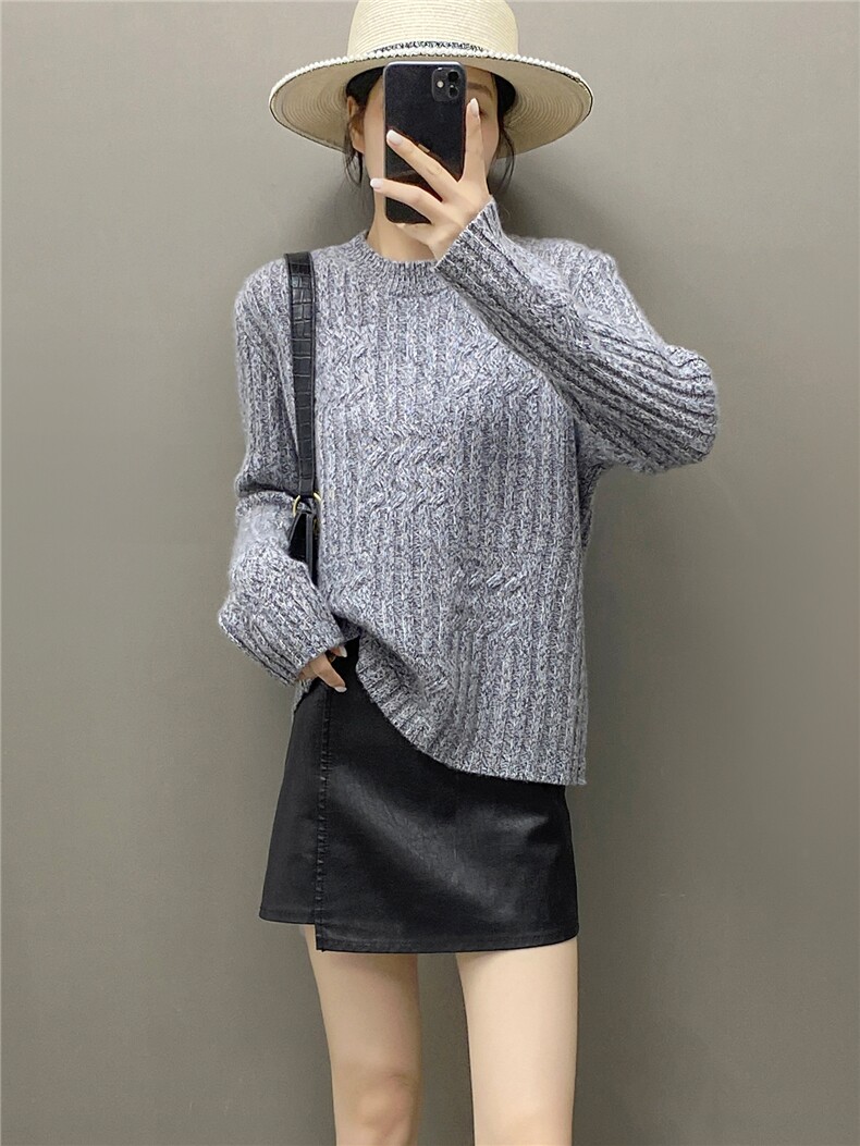 2025年秋季新款花纱圆领宽松套头针织衫休闲，女装针织衫/毛衣，织绒羊