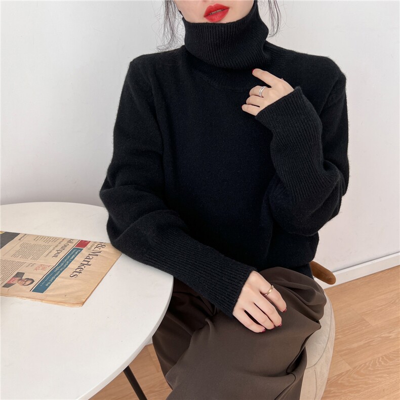 秋冬新款慵懒风高领套头针织衫显瘦百搭宽松毛衣女,针织衫/毛衣,圣旺供货