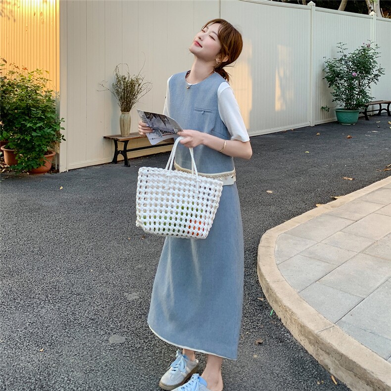 2025夏季新款时尚气质后背纽扣设计马甲搭配高腰显瘦半身裙,女装连衣裙,维壹