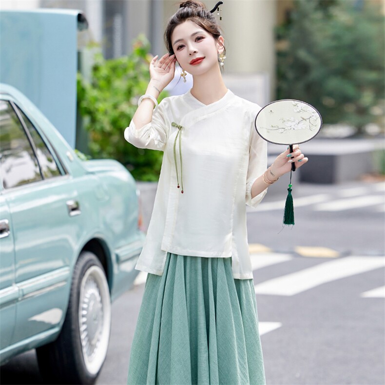 新中式套装女2025新款夏季民族风优雅宽松显瘦小衫阔腿裤两件套潮,女装套装/套裙,芷墨服饰