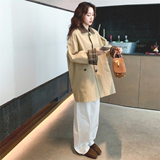 秋新款宽松咖色格纹拼接短款风衣外套，女装风衣，浙宝233