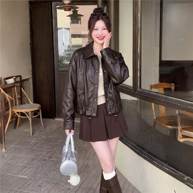 2026秋季新款皮衣抽绳蛋白皮PU短外套显瘦百搭,女装皮衣,