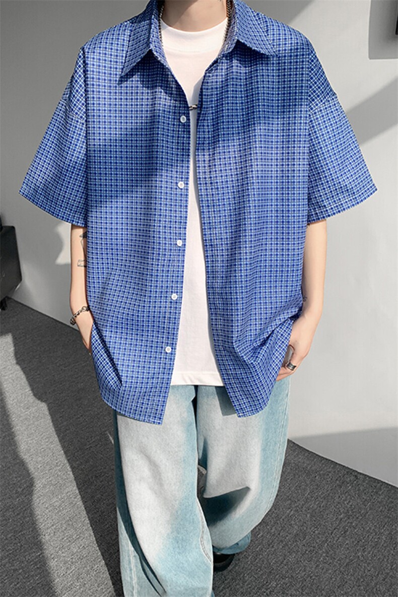 8XL-M短袖衬衫男夏宽松慵懒风痞帅条纹格子衫半袖外套DC28005P40,男装衬衫,电商B312