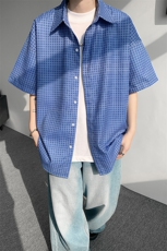 8XL-M短袖衬衫男夏宽松慵懒风痞帅条纹格子衫半袖外套DC28005P40，男装衬衫，电商B312
