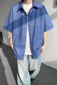 8XL-M短袖衬衫男夏宽松慵懒风痞帅条纹格子衫半袖外套DC28005P40图片