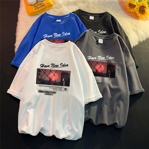港风 纯棉夏季休闲宽松纯色短袖印花T恤男女潮 T6048 P25控38图片
