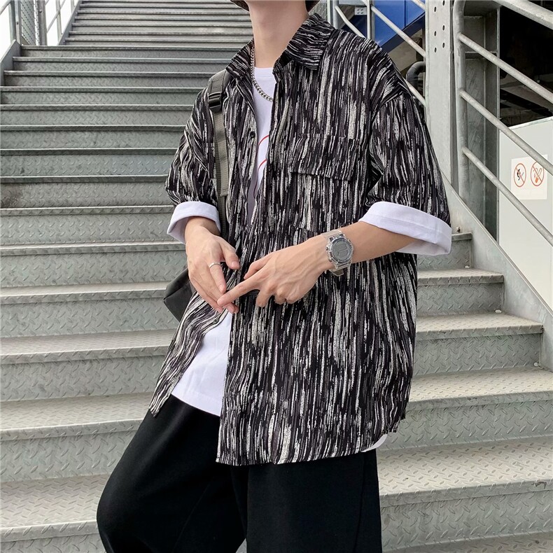 个性条纹短袖衬衫男夏季新款ins潮牌五分袖休闲衬衣外套W944-P30,男装衬衫,星座512-2