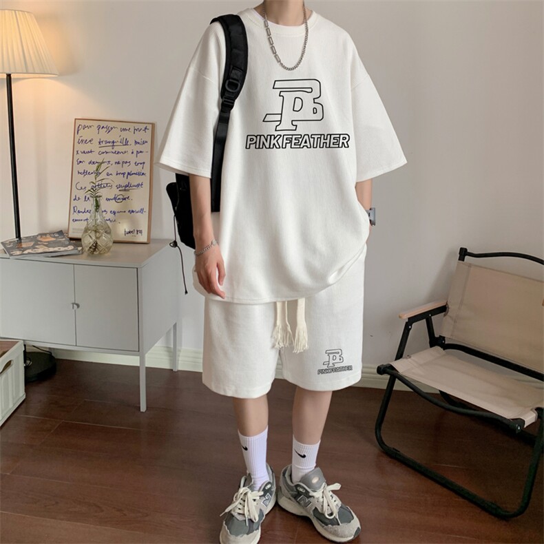 套装！华夫格套装男T恤短裤两件套大码港风TZ115-P50图片