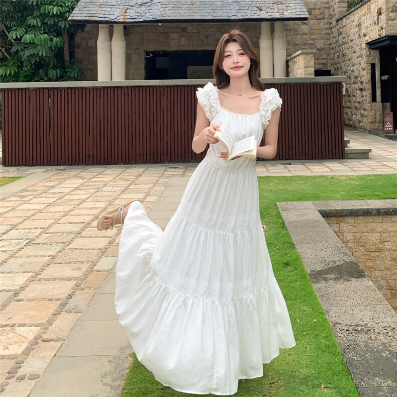 木耳边白色小飞袖连衣裙女夏季2025新款法式吊带裙超仙蛋糕长裙,女装连衣裙,2C375