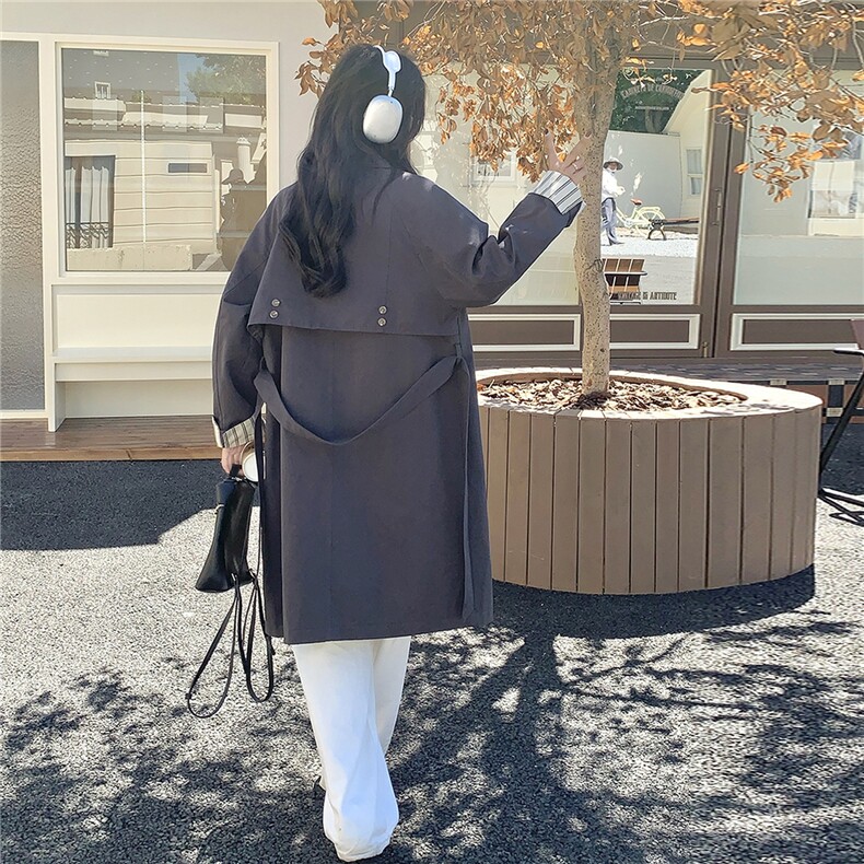 深灰色复古高级感气质风衣外套女2025秋韩系收腰显瘦格纹拼接大衣,女装风衣,2C271