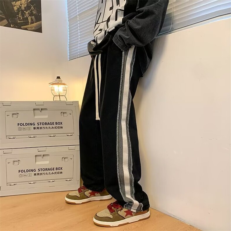 撞色拼接牛仔裤男潮牌ins直筒宽松拖地裤子春秋季美式G3081-P45,男装休闲裤,星座1109-3