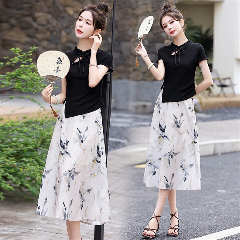 今年流行漂亮套装裙女夏季2024新款小个子新中式国风半身裙两件套，女装套装/套裙，盈茜