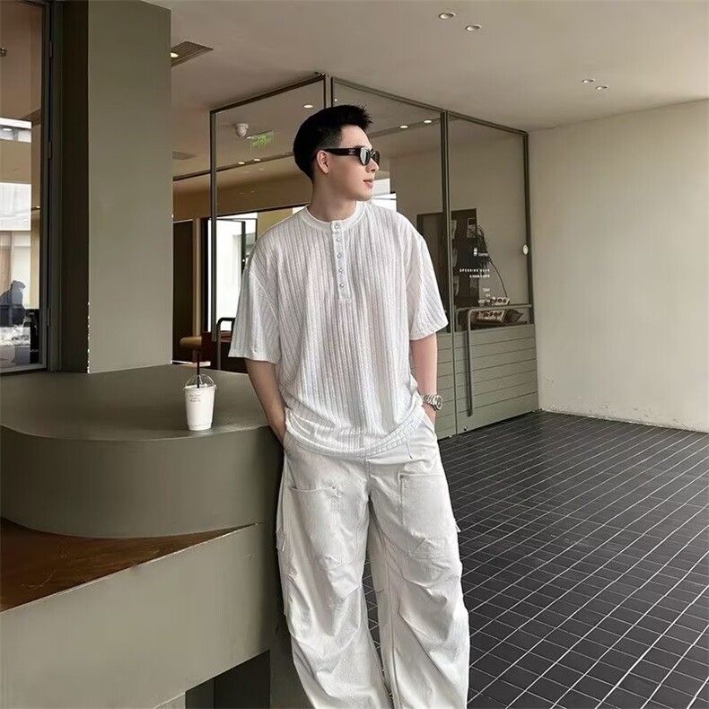 2025夏季美式肌理感亨利领T恤休闲宽松百搭薄款透气短袖男,男装T恤,星座1210-1