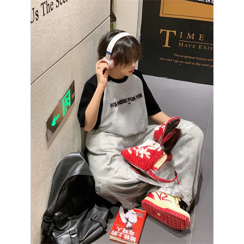 抖音得物供货240克宽松纯棉美式潮牌印花插肩袖拼接短袖T恤AT1506,男装T恤,电商A443