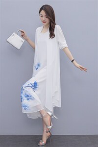 广东十三行连衣裙女大码胖mm显瘦春夏中年妈妈雪纺印花裙图片