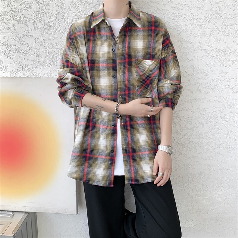 衬衫男秋季新款港风宽松大码磨毛格子长袖衬衣CS131-特P28，男装衬衫，星座214-3