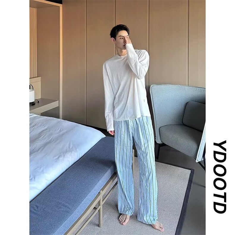 设计感小众蓝色条纹休闲阔腿长裤男夏季薄款居家外穿显瘦遛弯裤子，男装休闲裤，星座506A