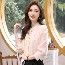 2024春季新款优雅珍珠扣刺绣衬衫修身显瘦长袖上衣，女装衬衫，梦芯尔