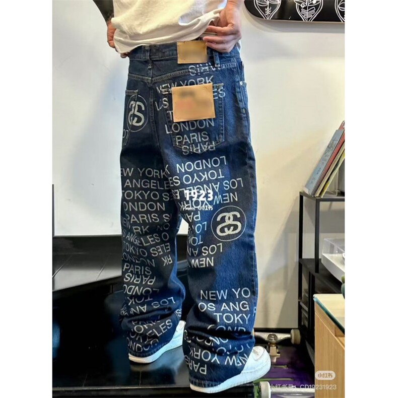 复古蓝美式高街复古牛仔裤男春秋季新款设计感vibe工装直筒阔腿裤图片