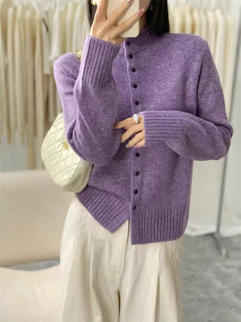 2025年春季开衫长袖单排扣波浪门钩花镂空针织衫，女装针织衫/毛衣，晨旭羊绒