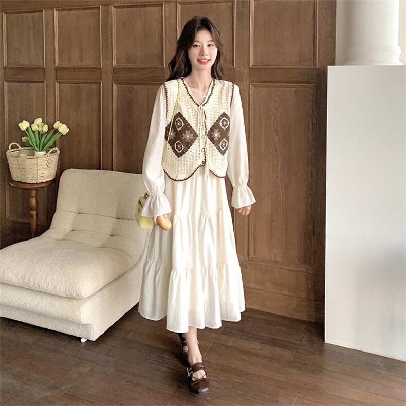 法式温柔风连衣裙套装女2025春季新款气质甜美针织马甲长裙两件套,女装套装/套裙,秋水欣儿