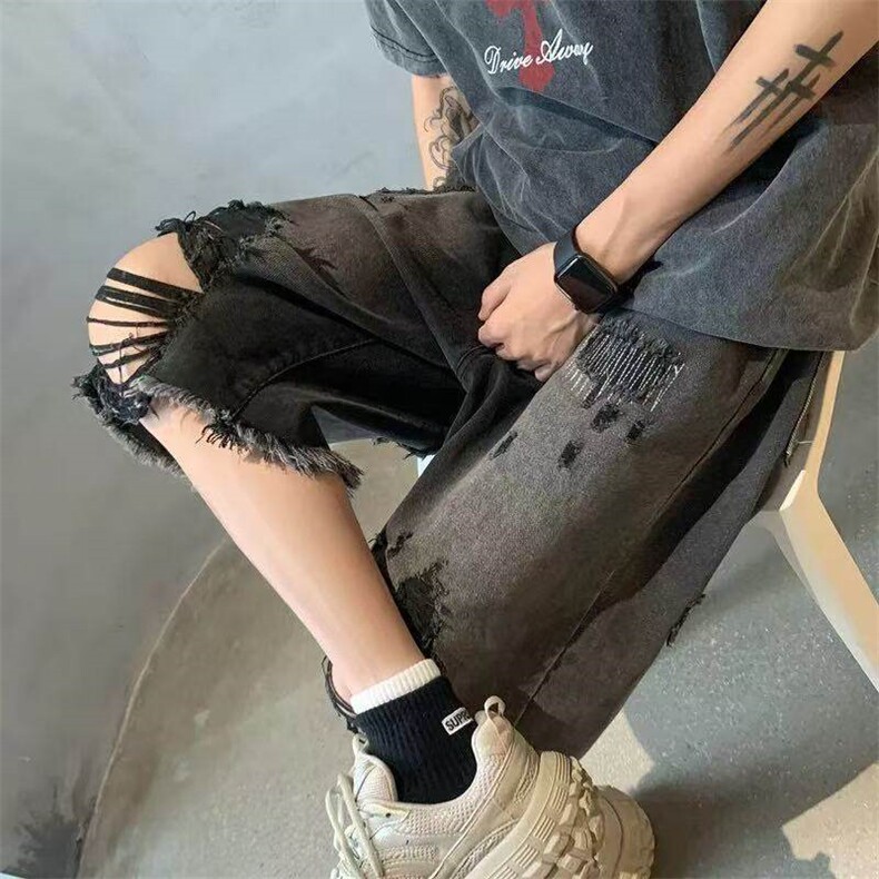 美式高街复古乞丐破洞牛仔短裤男款夏季薄款潮牌宽松百搭五分裤,男装牛仔裤,星座613