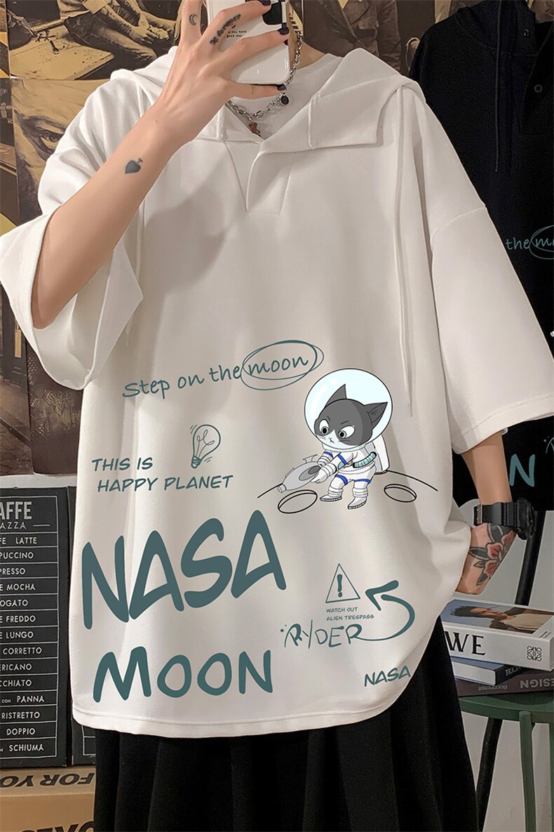 LD54187-P45NASA联名同款连帽短袖t恤男大码胖子带帽五分袖海报风,男装T恤,电商A040