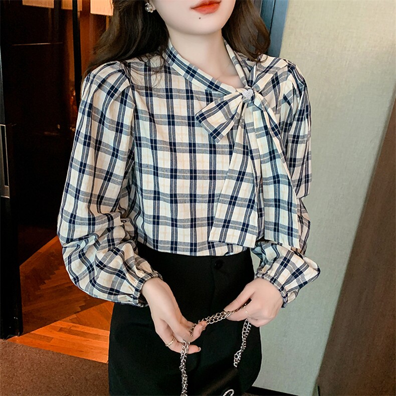 春季长袖内搭纯棉衬衣蝴蝶结格子衬衫小众上衣,女装衬衫,美吧服饰