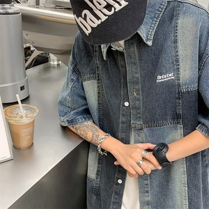 接拼牛仔短袖衬衫男美式复古小众衬衣夏季休闲宽松上衣服SH45-P53图片
