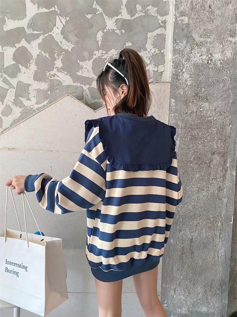 爱美欧现货条纹大领子卫衣，女装卫衣/绒衫，爱美欧