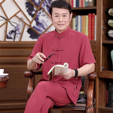亚麻男装中老年人短袖居士服夏季中式汉服火凤大码爸爸装，男装T恤，钱塘723