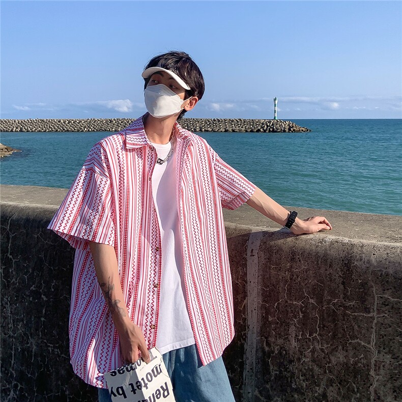 23港风短袖衬衫男士条纹潮流宽松大码半袖衬衣DX172P4558,男装T恤,电商B413-1