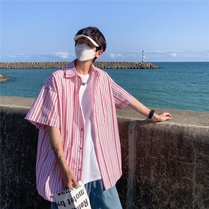 23 港风短袖衬衫男士条纹潮流宽松大码半袖衬衣DX172P4558图片